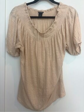 Club Monaco 100% Linen Smocked Peasant Top | Large | Beige